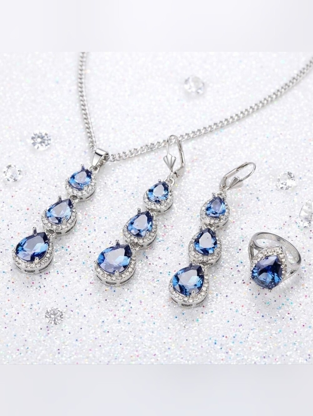 Silver Blue Sapphire Teardrop Crystal Jewelry Set - Necklace, Earrings & Ring